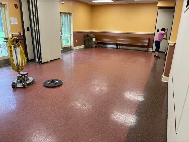 Hall floor before strip and wax, Flemington. Patriotic Office Cleaning.